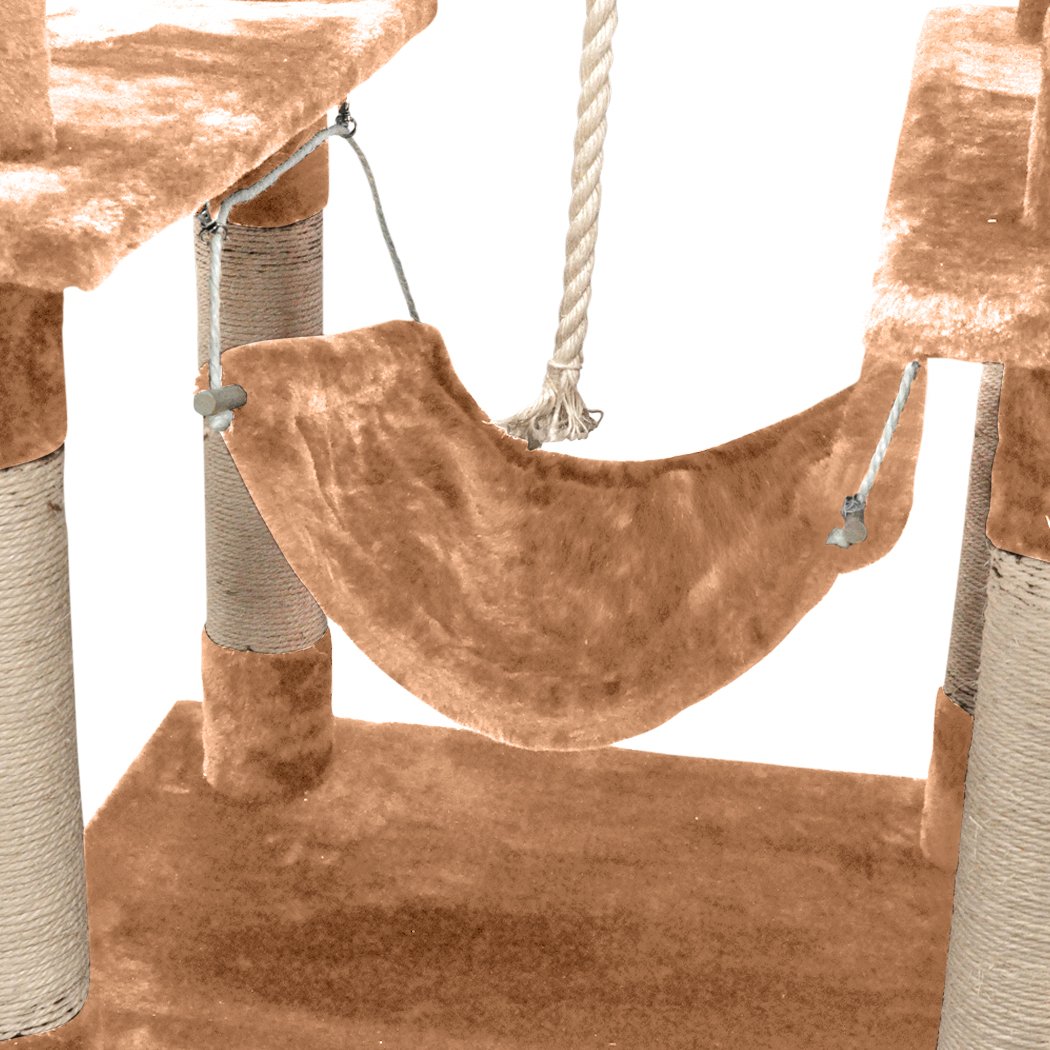 A tall 183cm cat scratching post tree with multiple levels, plush velvet covering, and natural sisal posts, designed for cat play and scratching.