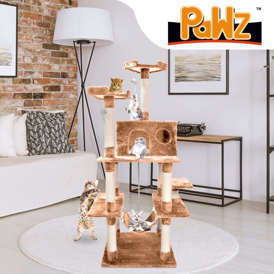 A tall 183cm cat scratching post tree with multiple levels, plush velvet covering, and natural sisal posts, designed for cat play and scratching.