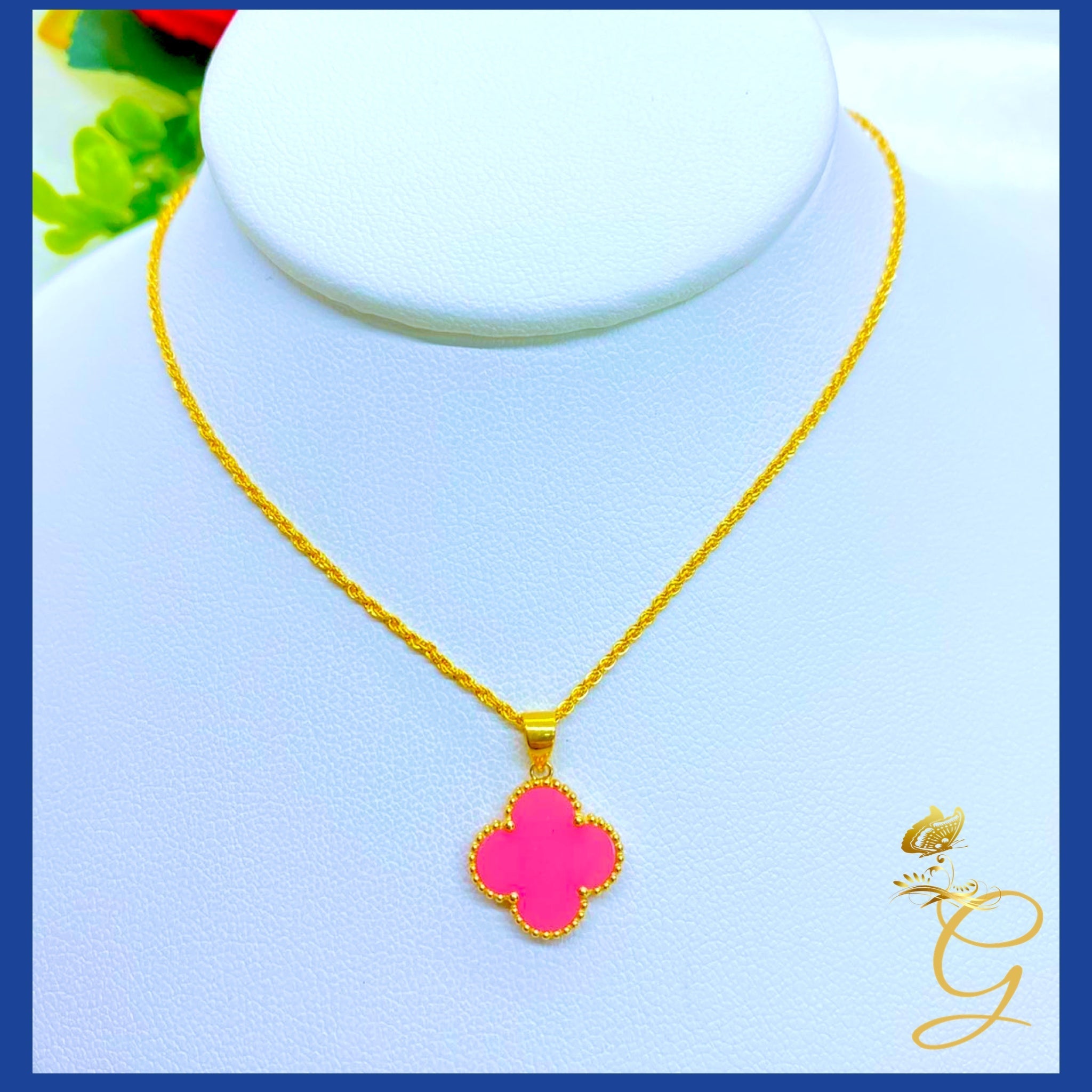 18K Real Gold 15mm Pink Cloverleaf Necklace displayed elegantly on a soft background, showcasing its intricate design and solid gold craftsmanship.