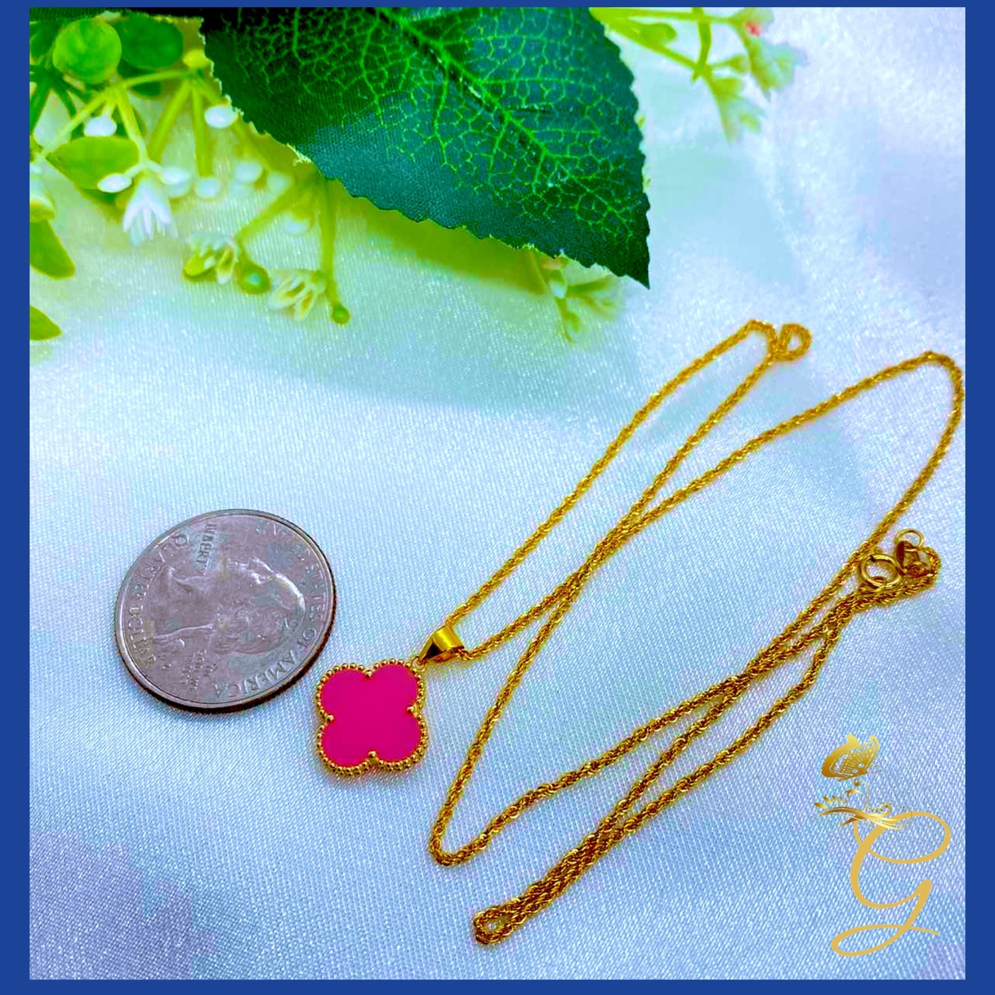 18K Real Gold 15mm Pink Cloverleaf Necklace displayed elegantly on a soft background, showcasing its intricate design and solid gold craftsmanship.