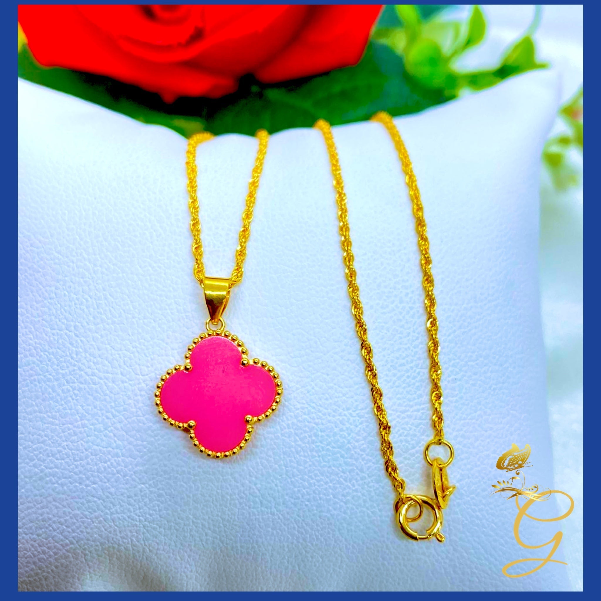 18K Real Gold 15mm Pink Cloverleaf Necklace displayed elegantly on a soft background, showcasing its intricate design and solid gold craftsmanship.