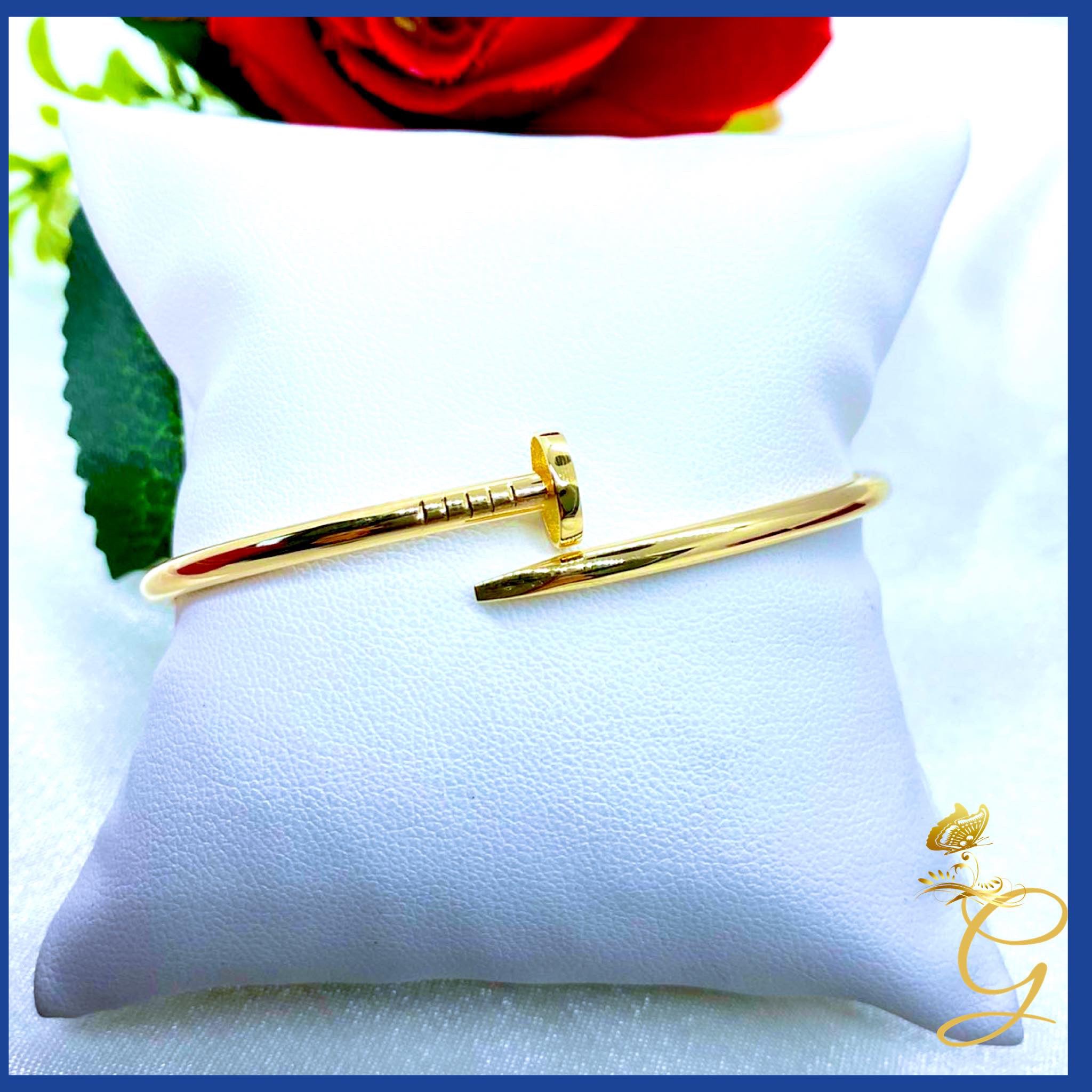 Elegant 18K Real Gold Nail Bangle, solid gold bracelet with a unique nail design, size 18 inches.