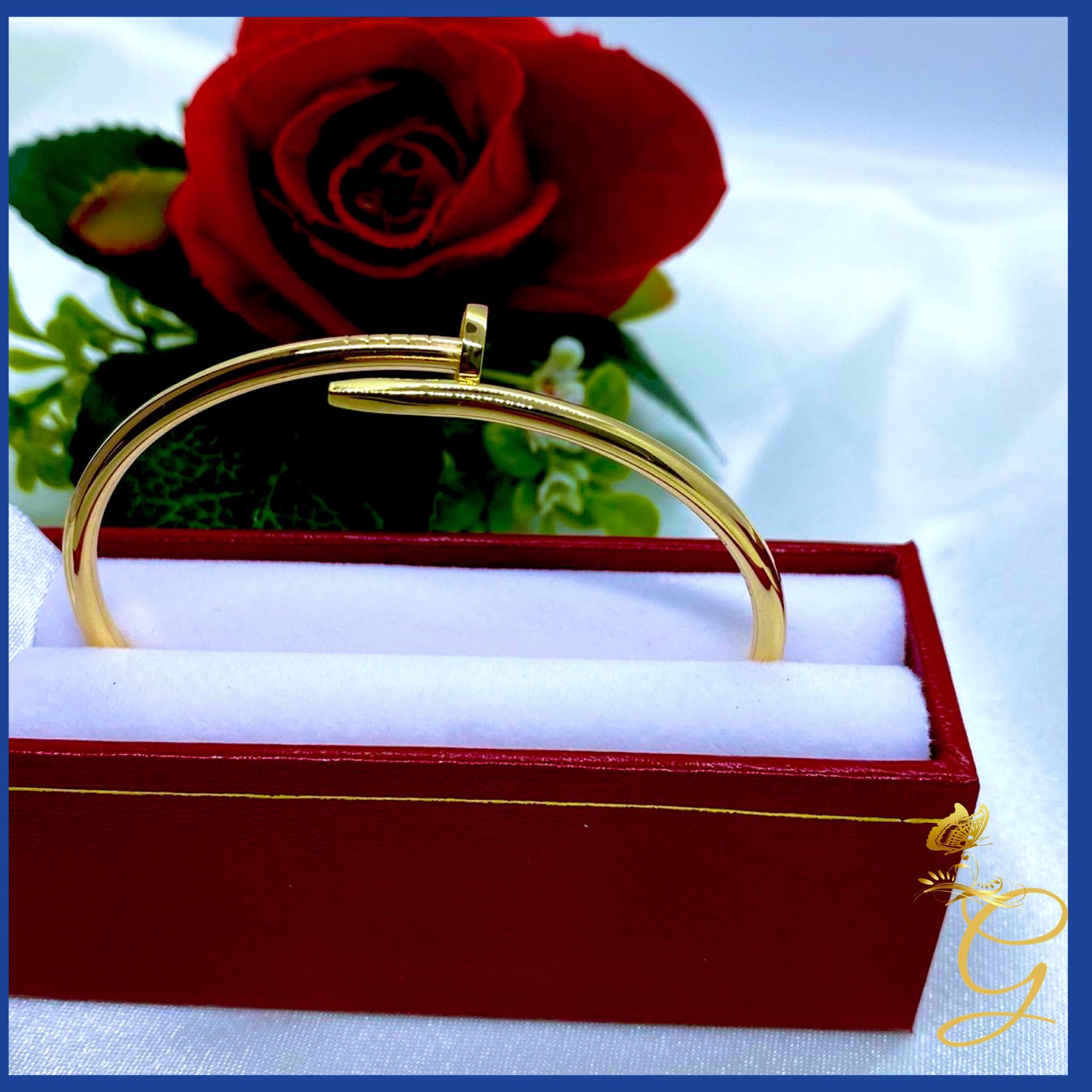 Elegant 18K Real Gold Nail Bangle, solid gold bracelet with a unique nail design, size 18 inches.