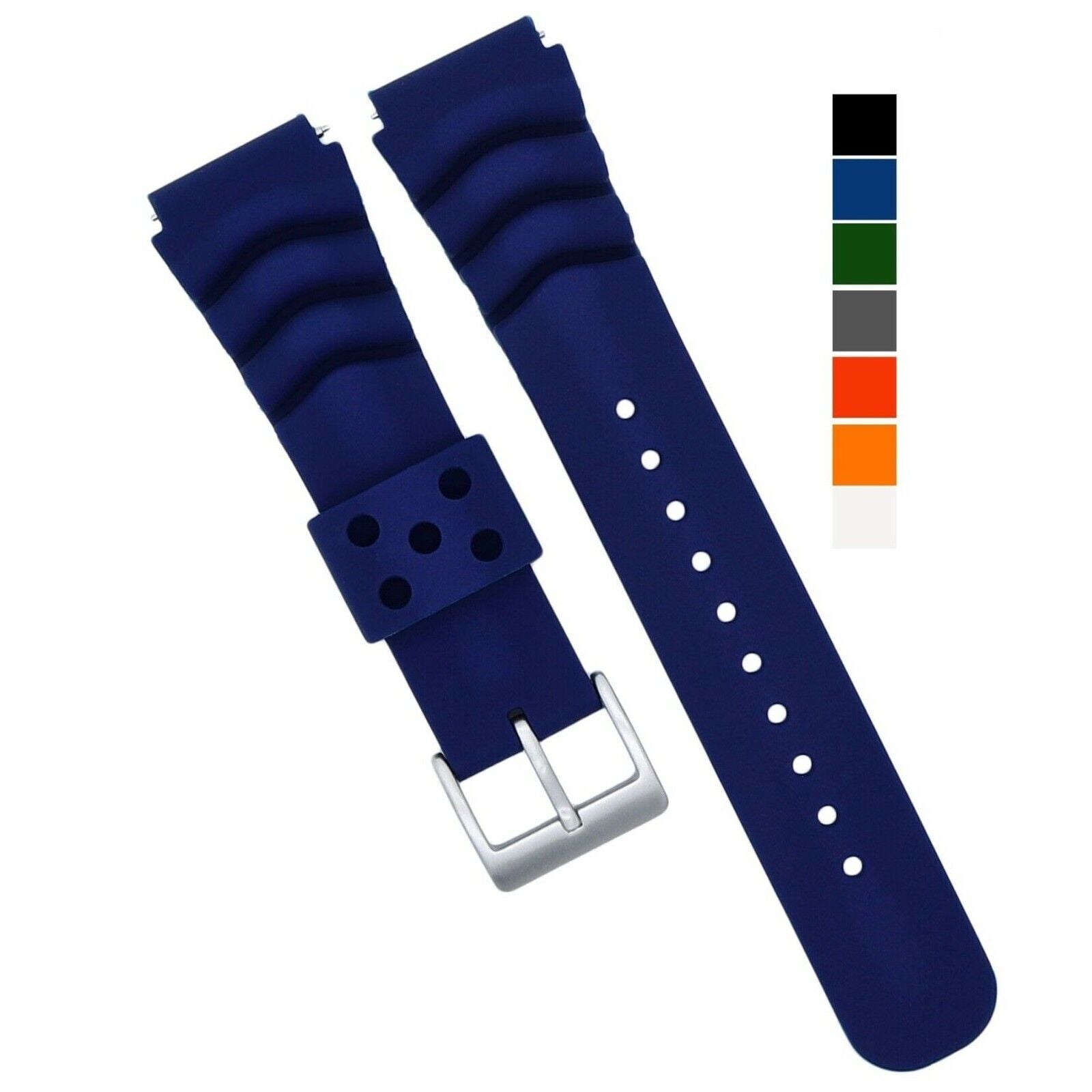 Soft silicone watch band available in multiple colors and sizes, designed for comfort and quick release for divers and watch enthusiasts.