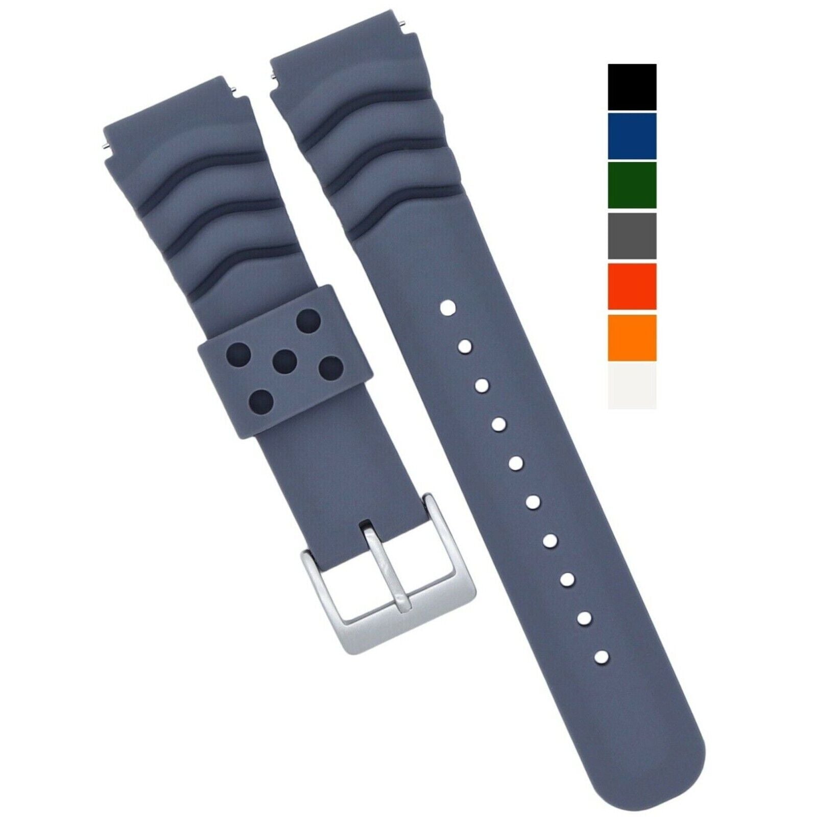 Soft silicone watch band available in multiple colors and sizes, designed for comfort and quick release for divers and watch enthusiasts.