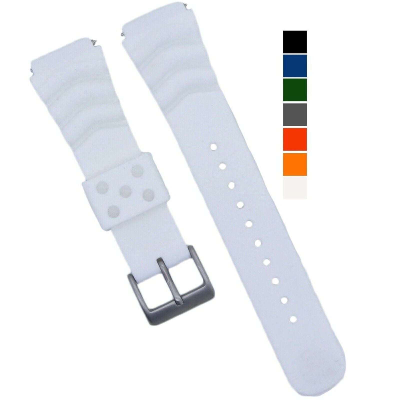 Soft silicone watch band available in multiple colors and sizes, designed for comfort and quick release for divers and watch enthusiasts.