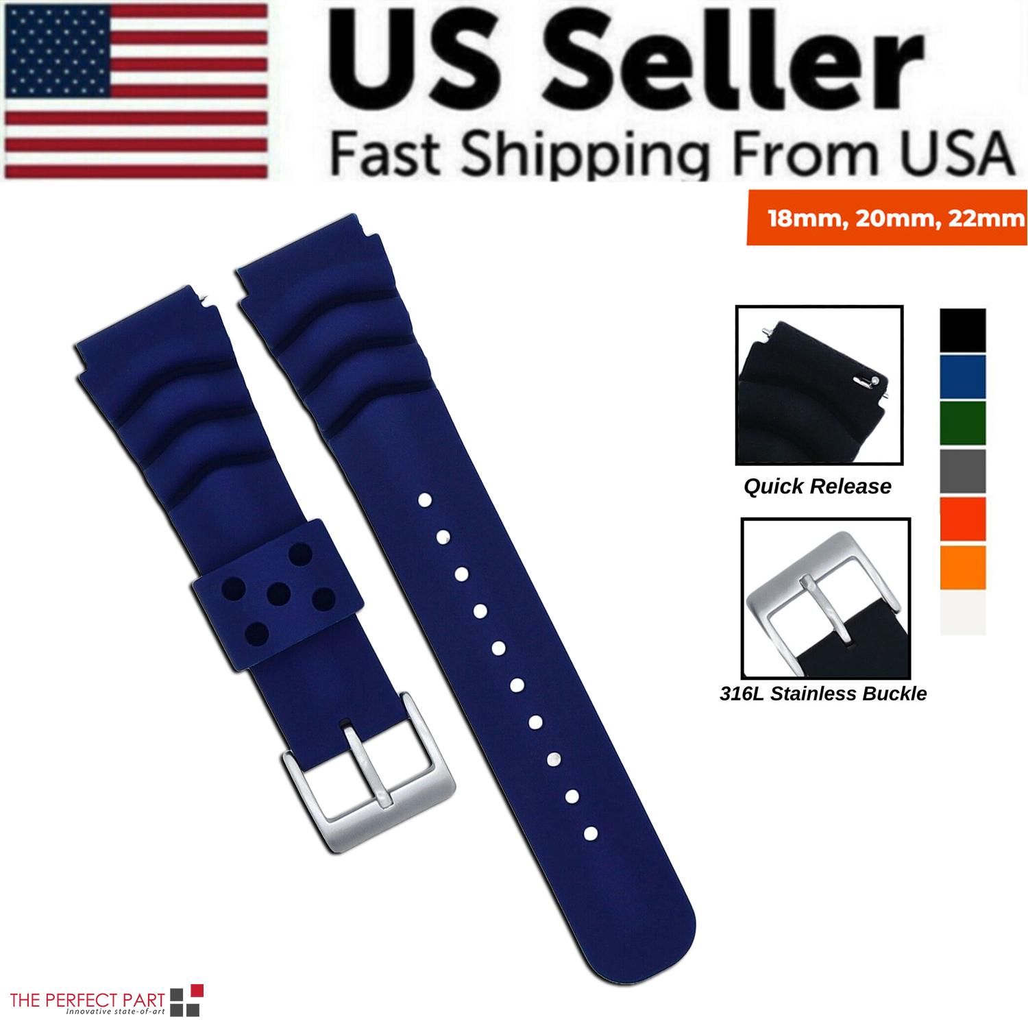 Soft silicone watch band available in multiple colors and sizes, designed for comfort and quick release for divers and watch enthusiasts.