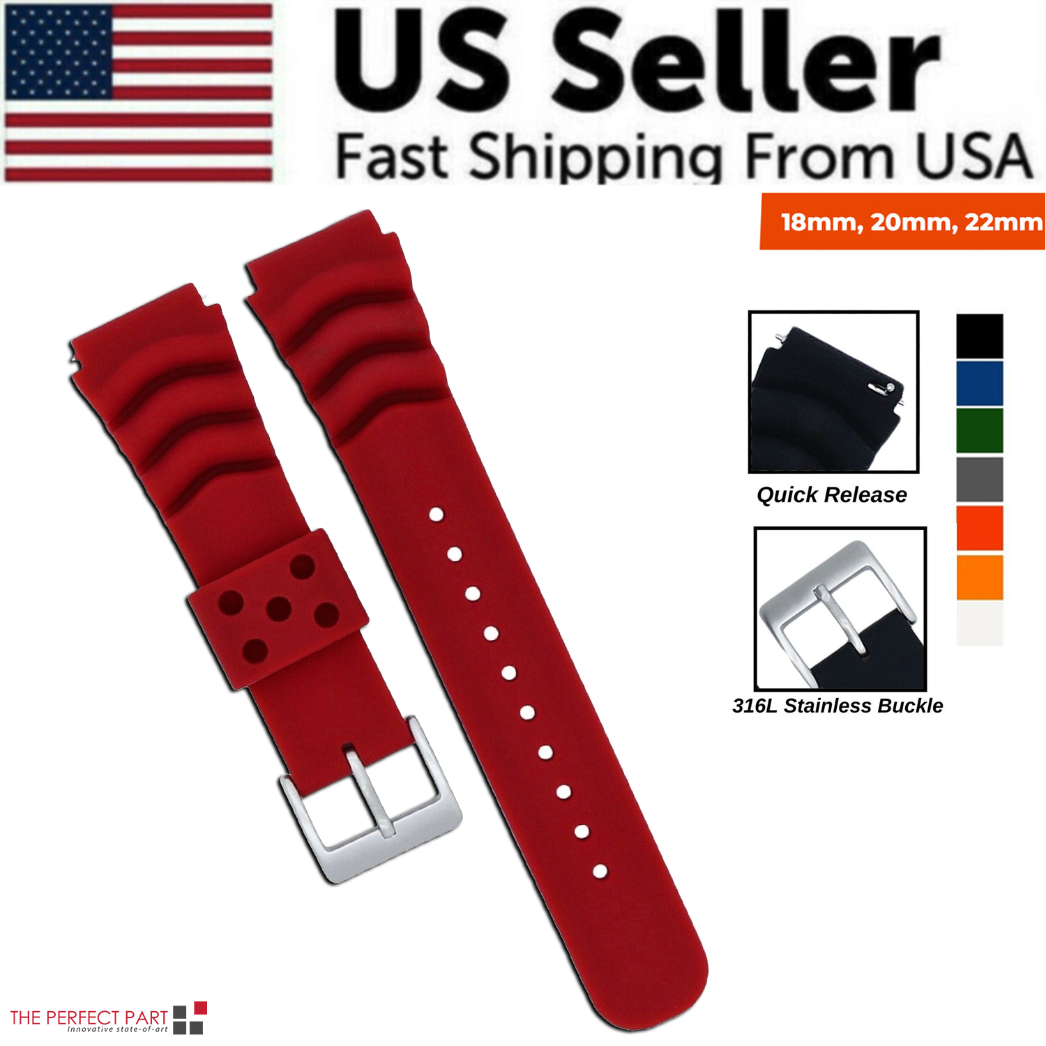 Soft silicone watch band available in multiple colors and sizes, designed for comfort and quick release for divers and watch enthusiasts.