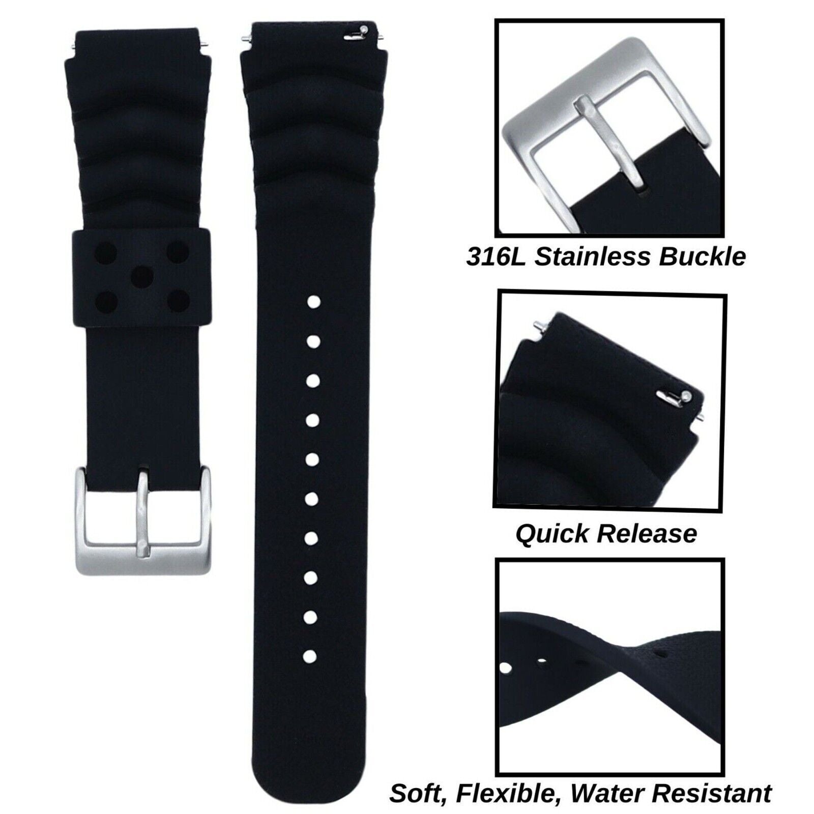 Soft silicone watch band available in multiple colors and sizes, designed for comfort and quick release for divers and watch enthusiasts.