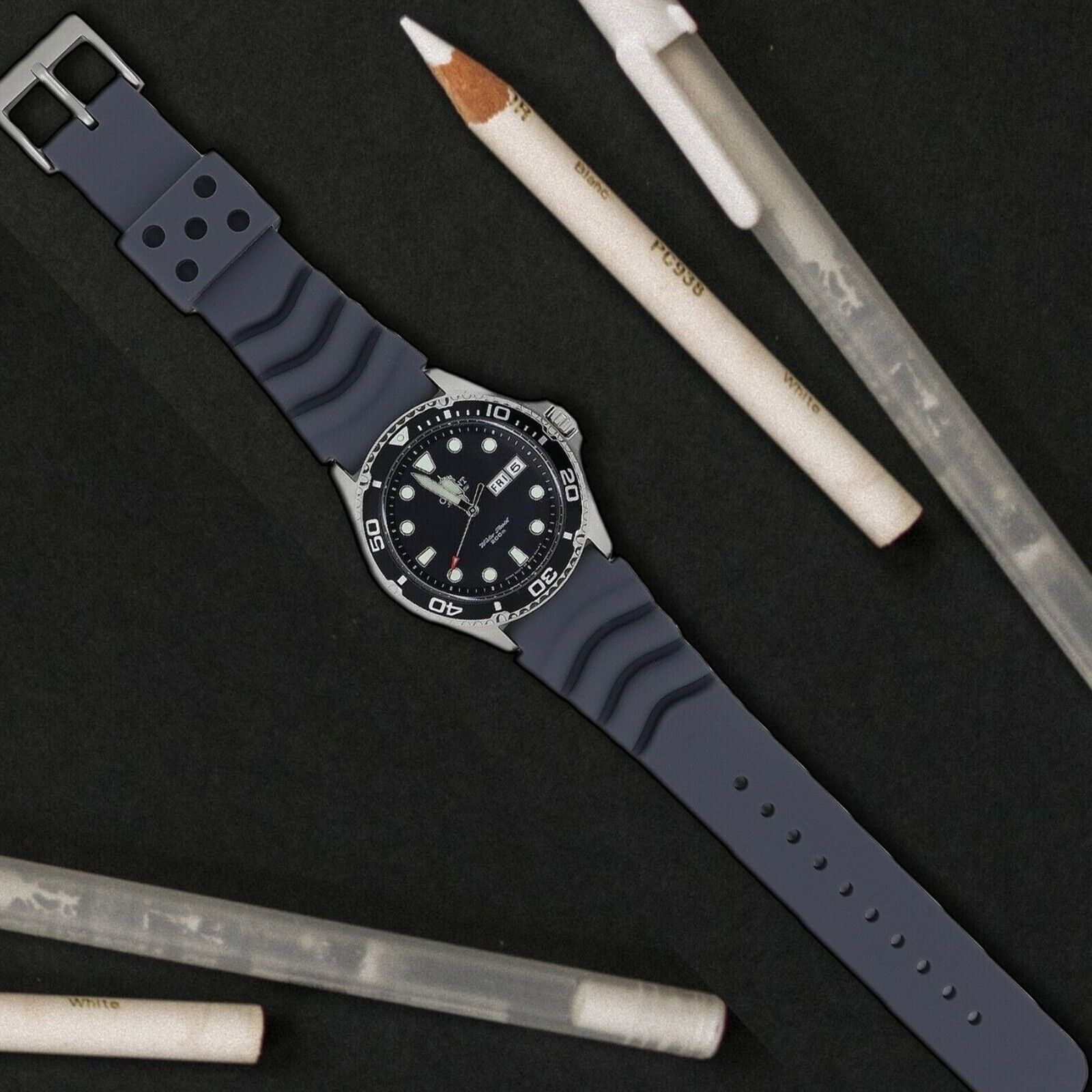 Soft silicone watch band available in multiple colors and sizes, designed for comfort and quick release for divers and watch enthusiasts.