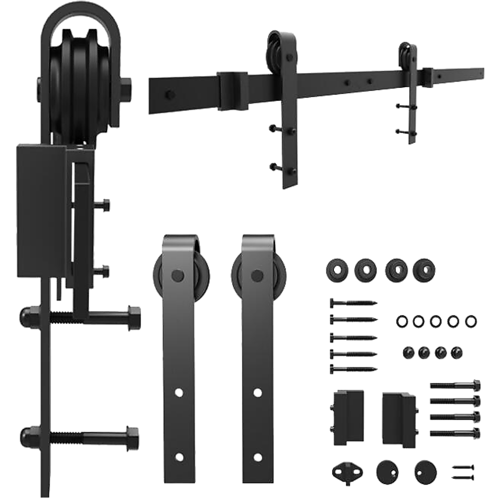 1.8m heavy-duty sliding barn door hardware kit featuring black industrial-grade metal components for rustic home decor.
