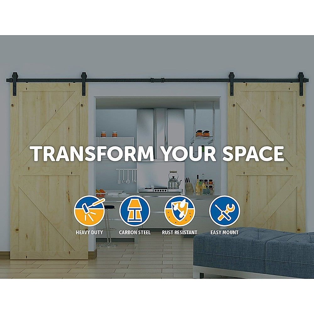 1.8m heavy-duty sliding barn door hardware kit featuring black industrial-grade metal components for rustic home decor.