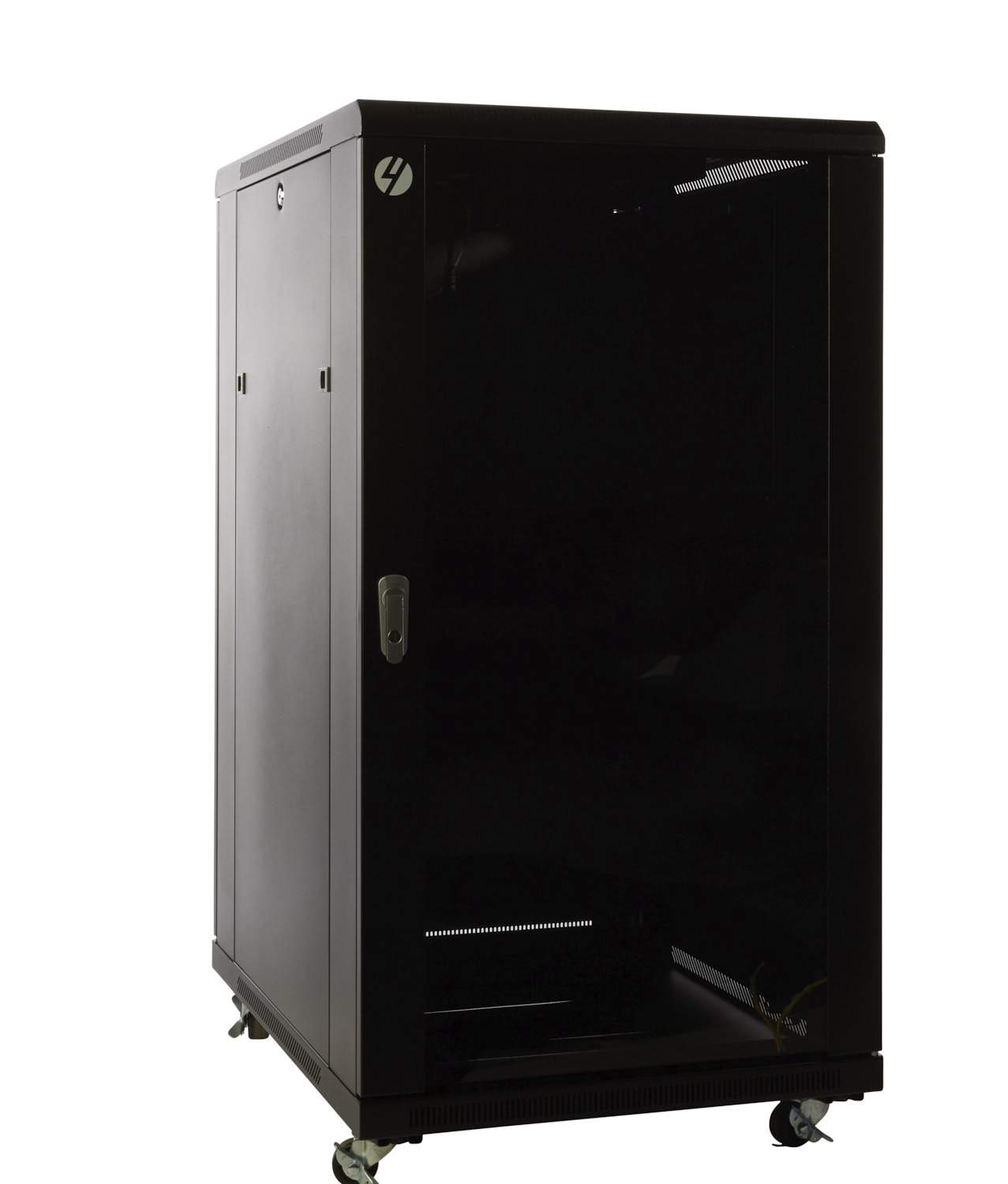 18RU freestanding server rack, 600mm wide and 1000mm deep, made of solid steel with lockable door and removable side panels.