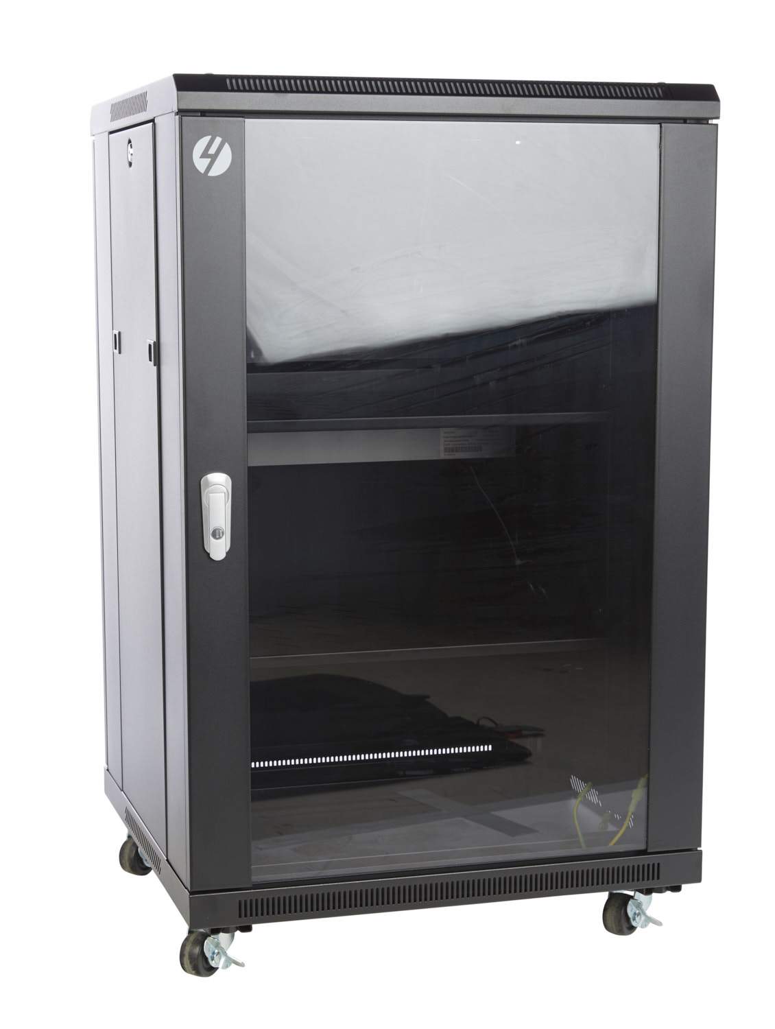 18RU freestanding server rack, 600mm wide and deep, featuring lockable glass door and durable steel construction.