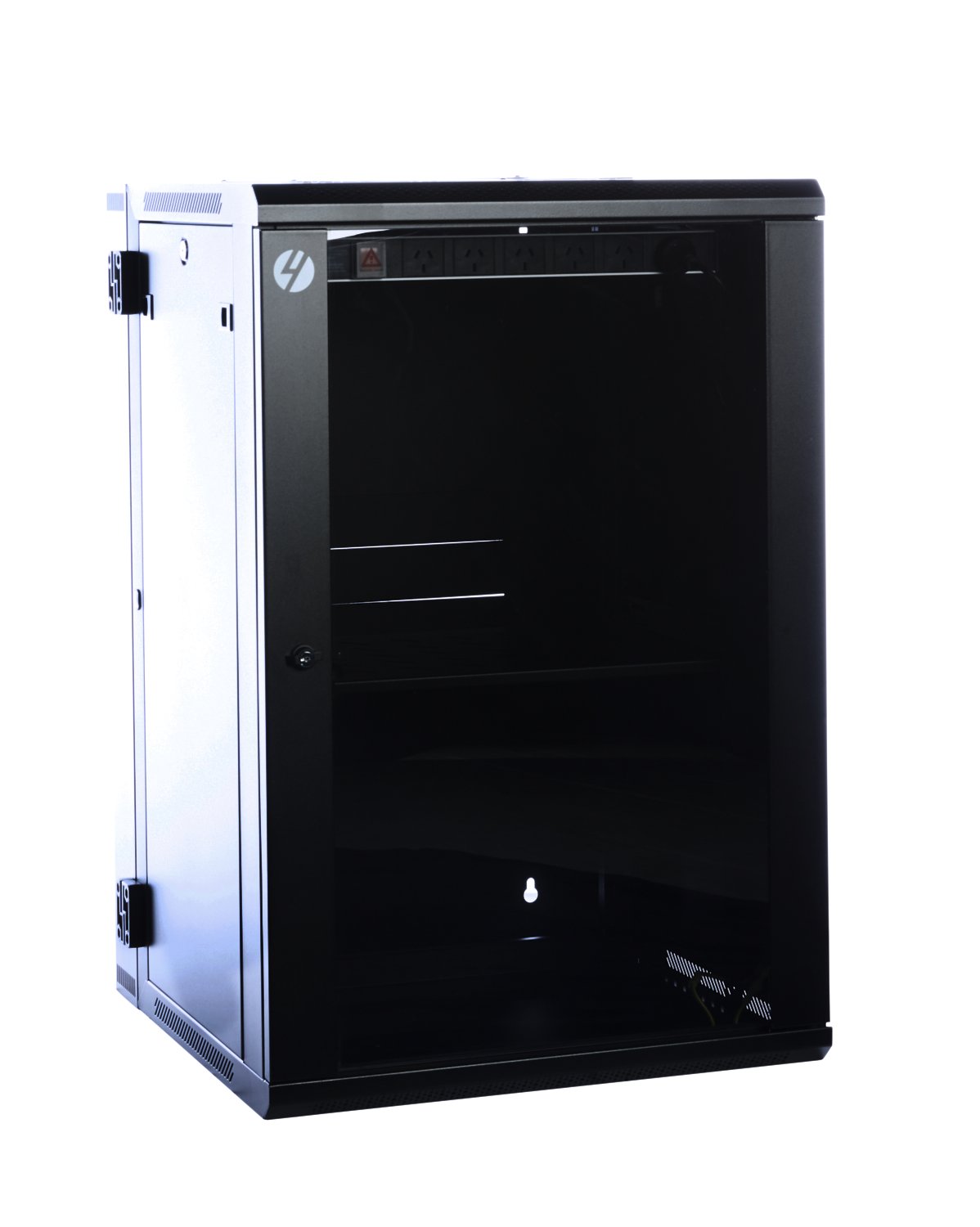 18RU Hinged Wall Mount Server Rack, 600mm wide and deep, featuring a lockable tempered glass door and removable side panels.
