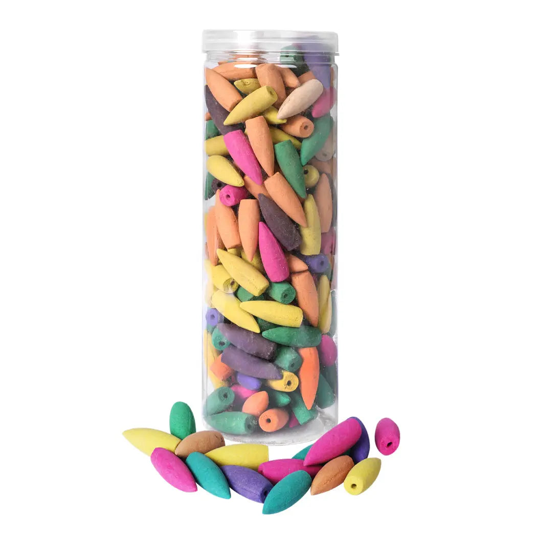 A vibrant assortment of 188 colorful incense cones designed for backflow waterfall towers, showcasing their natural and aromatic qualities.