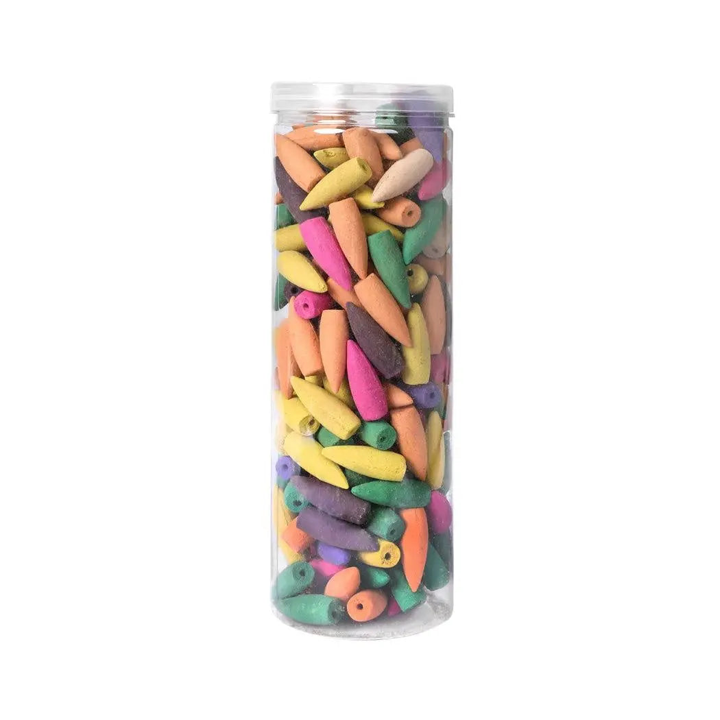 A vibrant assortment of 188 colorful incense cones designed for backflow waterfall towers, showcasing their natural and aromatic qualities.