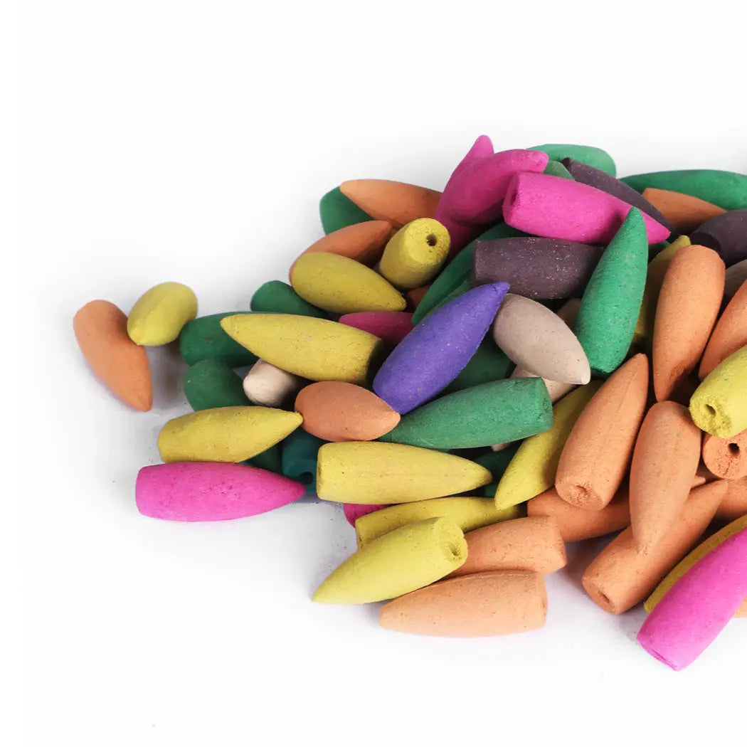 A vibrant assortment of 188 colorful incense cones designed for backflow waterfall towers, showcasing their natural and aromatic qualities.