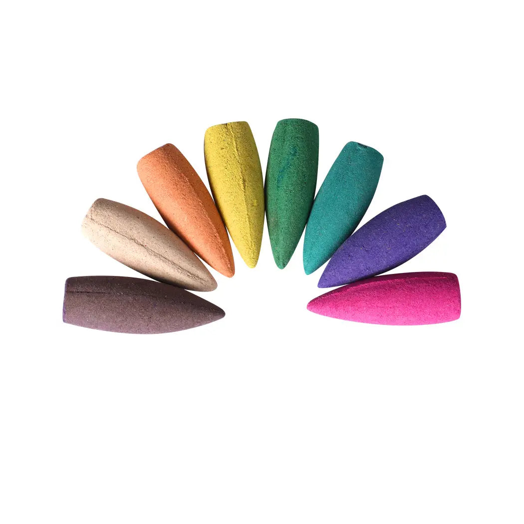 A vibrant assortment of 188 colorful incense cones designed for backflow waterfall towers, showcasing their natural and aromatic qualities.