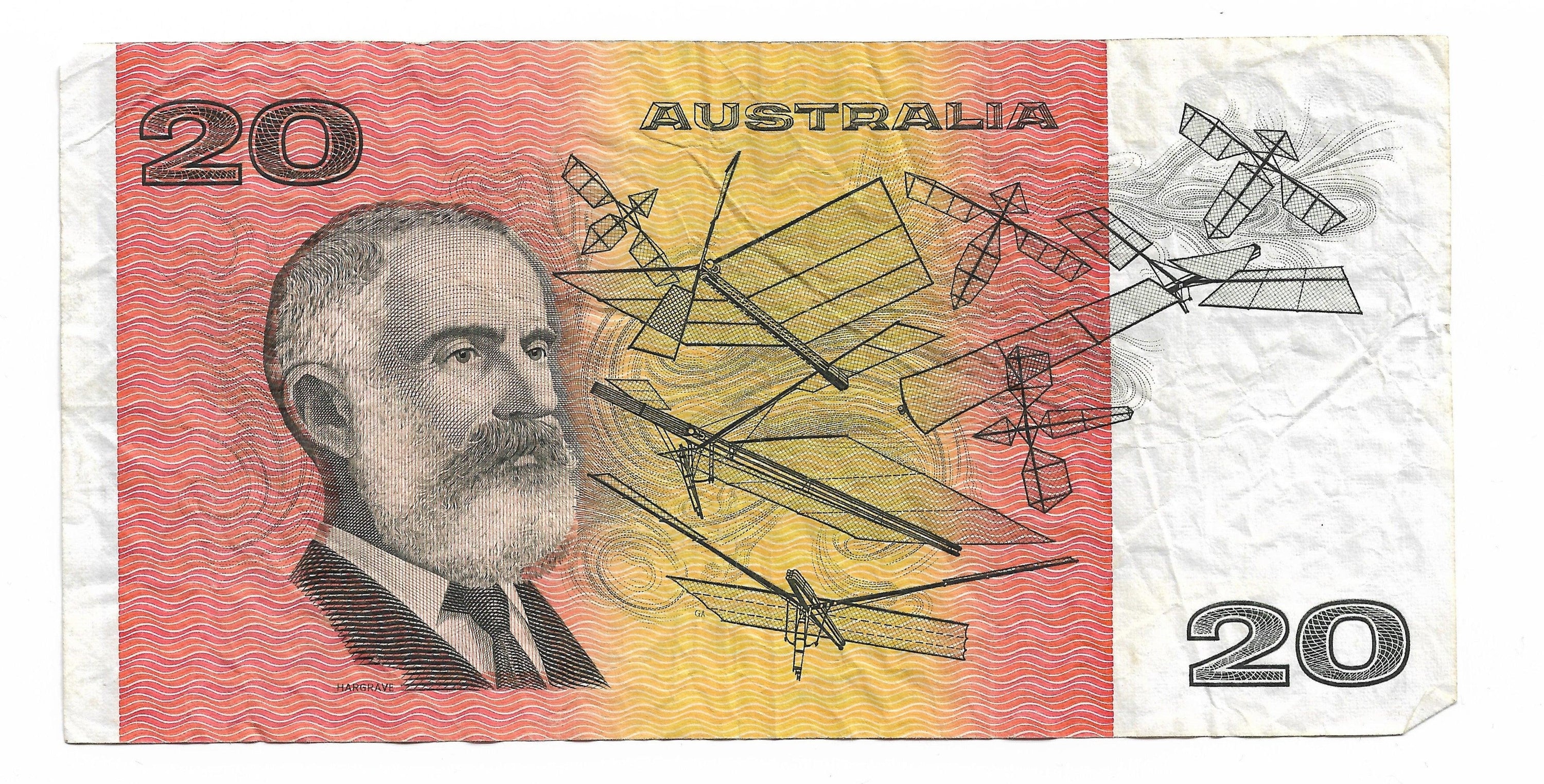 A detailed image of the 1966 to 1994 $20 note featuring King Ford Smith and Hargrave, showcasing aviation-themed designs.