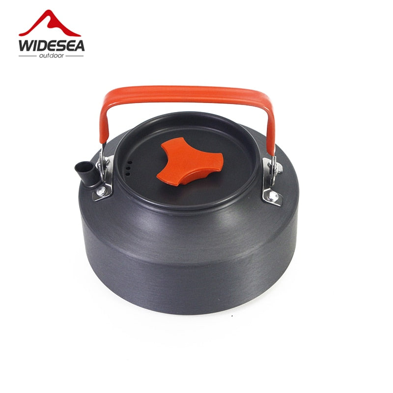 1.1L Camping Water Kettle made of aluminium alloy, perfect for outdoor coffee and cooking, shown in a natural setting.