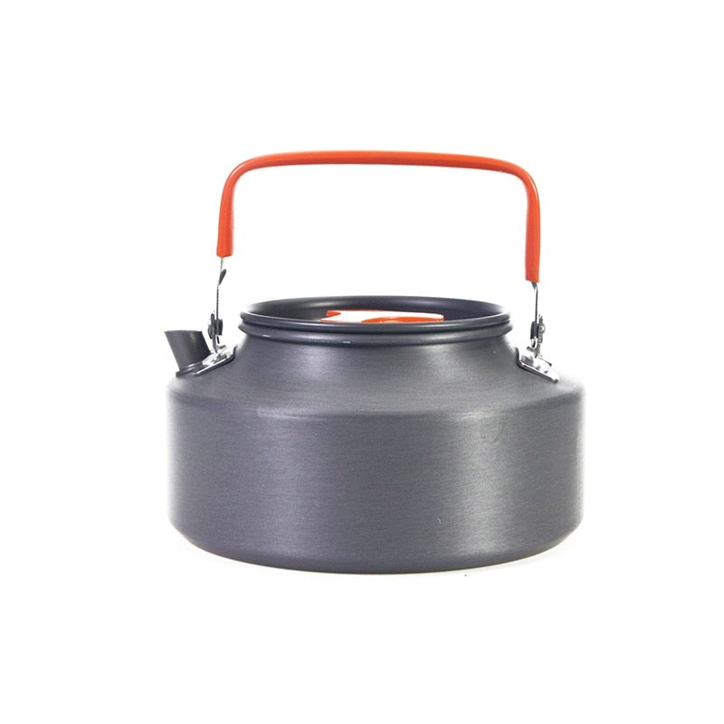 1.1L Camping Water Kettle made of aluminium alloy, perfect for outdoor coffee and cooking, shown in a natural setting.
