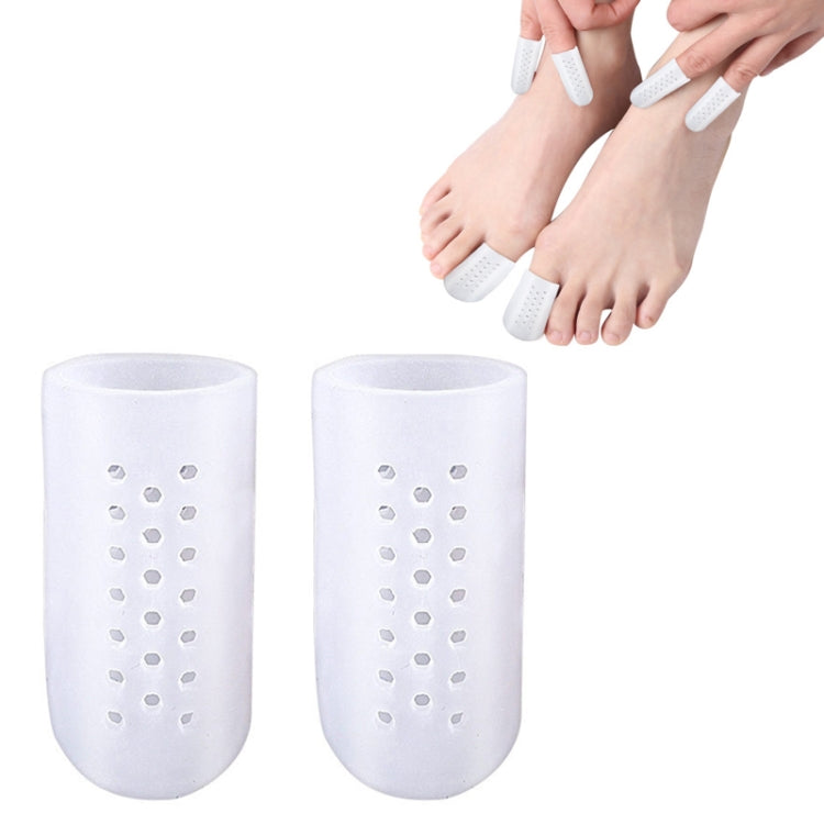 A pair of breathable perforated toe protectors made from elastic SEBS material, designed for comfort and healing.