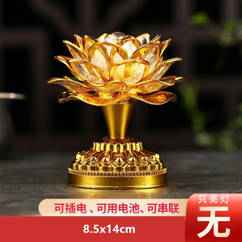 Colorful LED Lotus Buddhist Lamp with vibrant colors and intricate lotus design, illuminating a serene space.