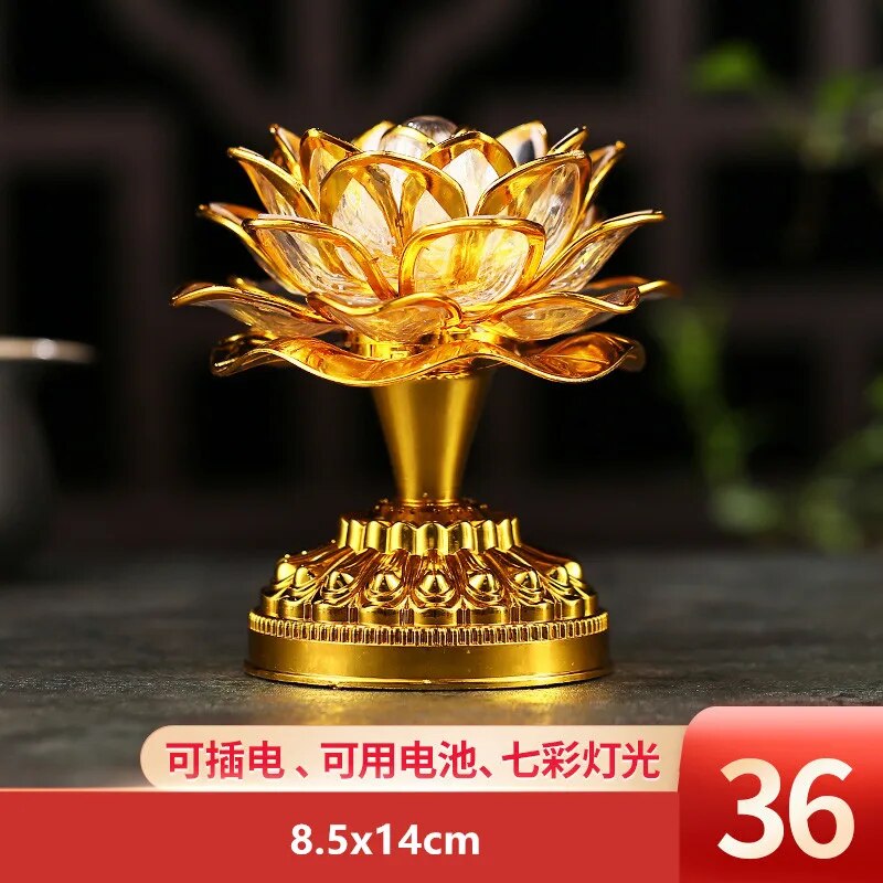 Colorful LED Lotus Buddhist Lamp with vibrant colors and intricate lotus design, illuminating a serene space.