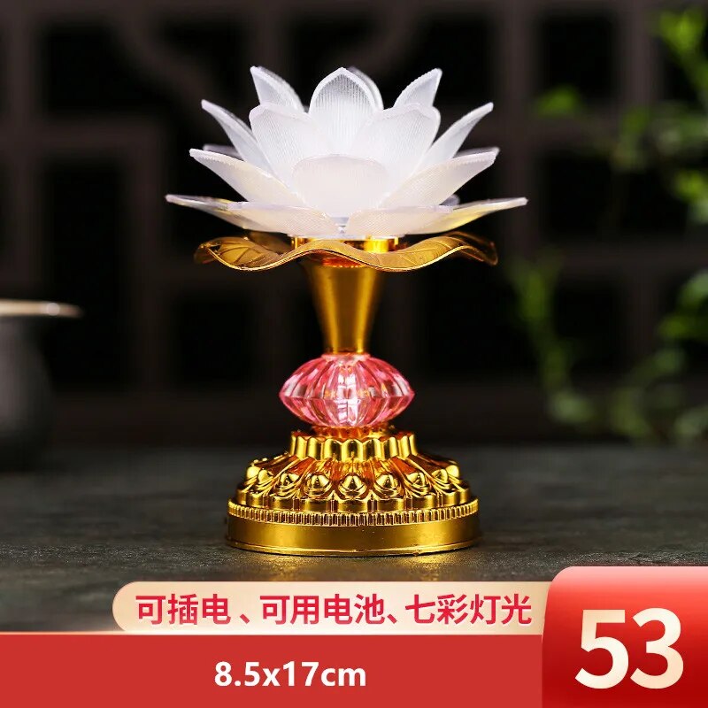 Colorful LED Lotus Buddhist Lamp with vibrant colors and intricate lotus design, illuminating a serene space.