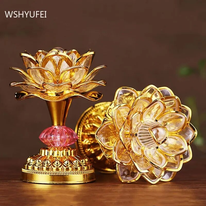 Colorful LED Lotus Buddhist Lamp with vibrant colors and intricate lotus design, illuminating a serene space.