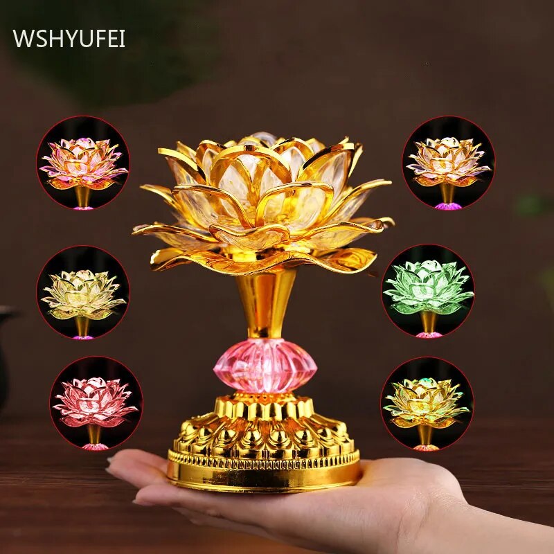 Colorful LED Lotus Buddhist Lamp with vibrant colors and intricate lotus design, illuminating a serene space.