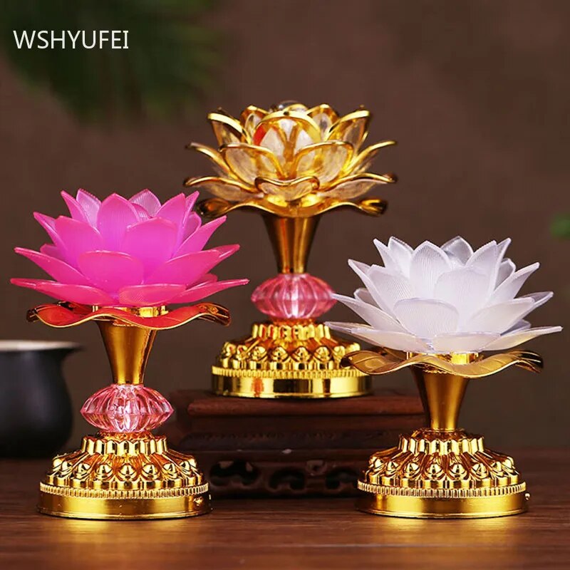 Colorful LED Lotus Buddhist Lamp with vibrant colors and intricate lotus design, illuminating a serene space.