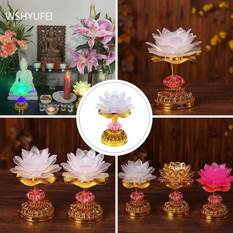 Colorful LED Lotus Buddhist Lamp with vibrant colors and intricate lotus design, illuminating a serene space.