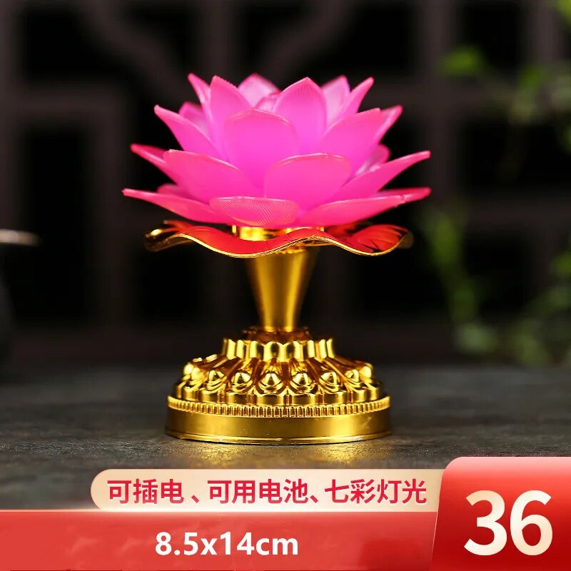 Colorful LED Lotus Buddhist Lamp with vibrant colors and intricate lotus design, illuminating a serene space.