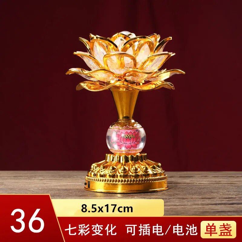 Colorful LED Lotus Buddhist Lamp with vibrant colors and intricate lotus design, illuminating a serene space.