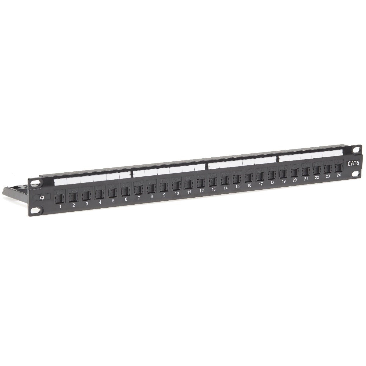 1RU 24 Port Cat 6 Universal Termination Rackmount Patch Panel with 24 keystone jacks and cable management features.