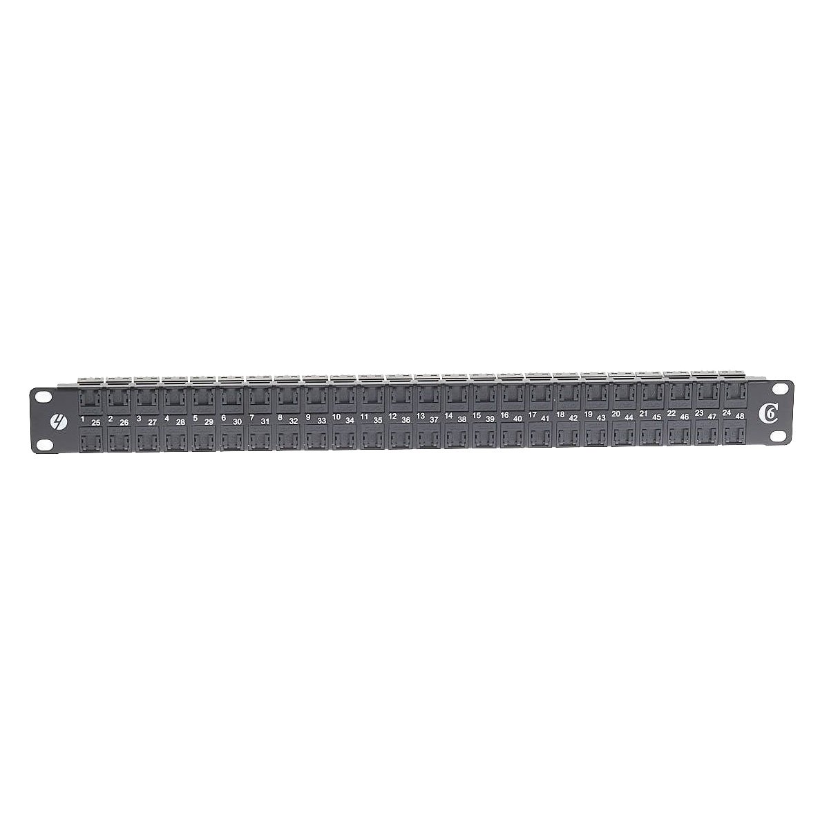 1RU 48 Port Cat 6 Universal Termination Patch Panel with cable management features and keystone jacks for easy termination.