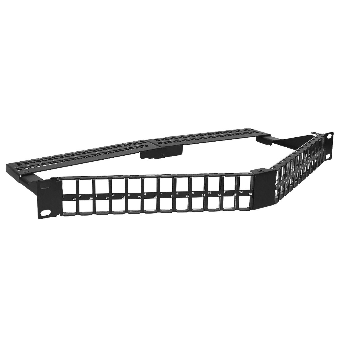 1RU 48 Port UTP Angled 'V' Style Patch Panel, unloaded, showcasing its angled design for efficient cable management.