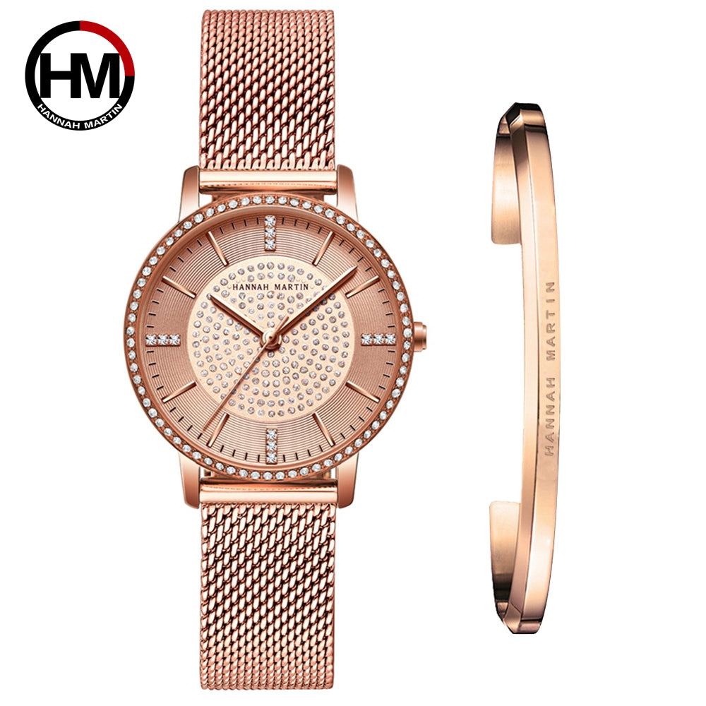 A luxurious women's bracelet watch featuring rhinestones and a quartz movement, elegantly designed with a brass case and stainless steel band.