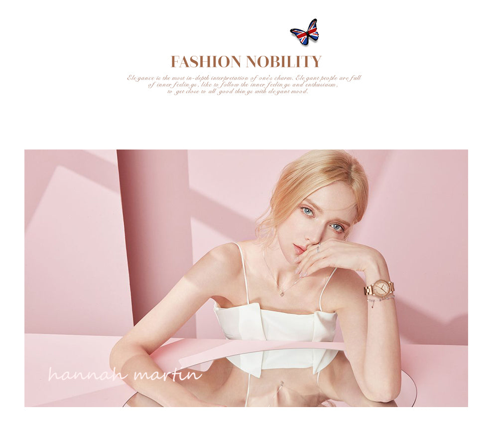 A luxurious women's bracelet watch featuring rhinestones and a quartz movement, elegantly designed with a brass case and stainless steel band.