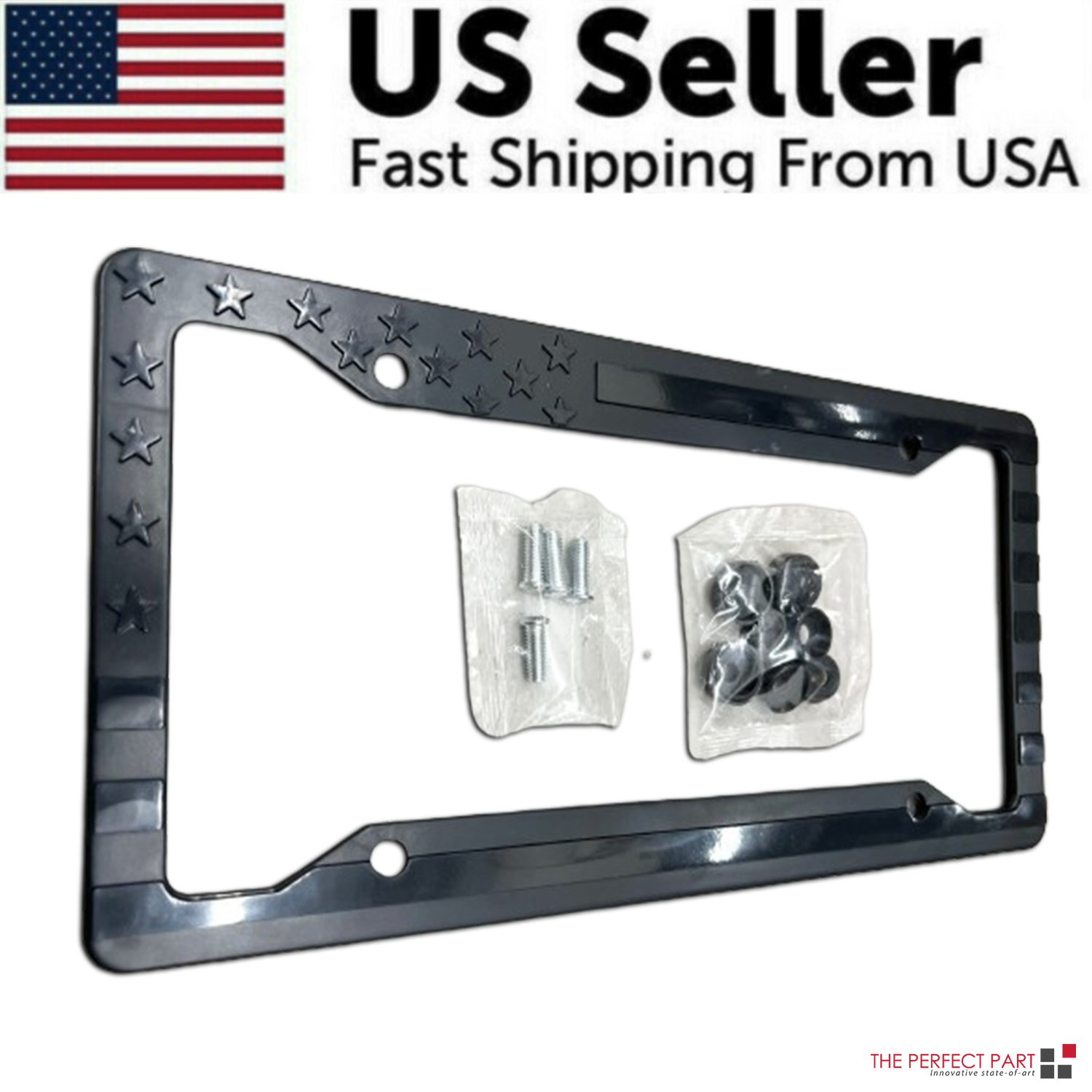 Black 3D USA American Flag License Plate Frame Holder showcasing embossed stars and stripes design.