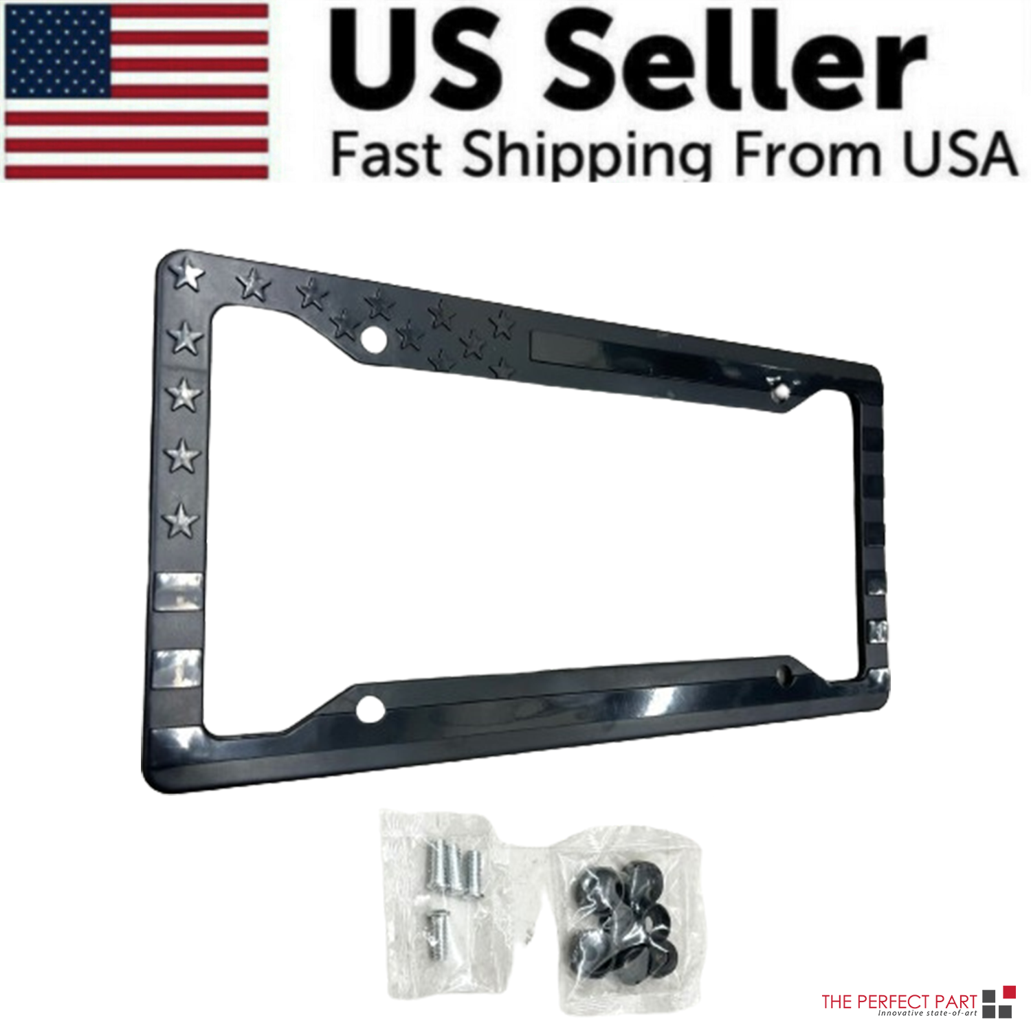 Black 3D USA American Flag License Plate Frame Holder showcasing embossed stars and stripes design.