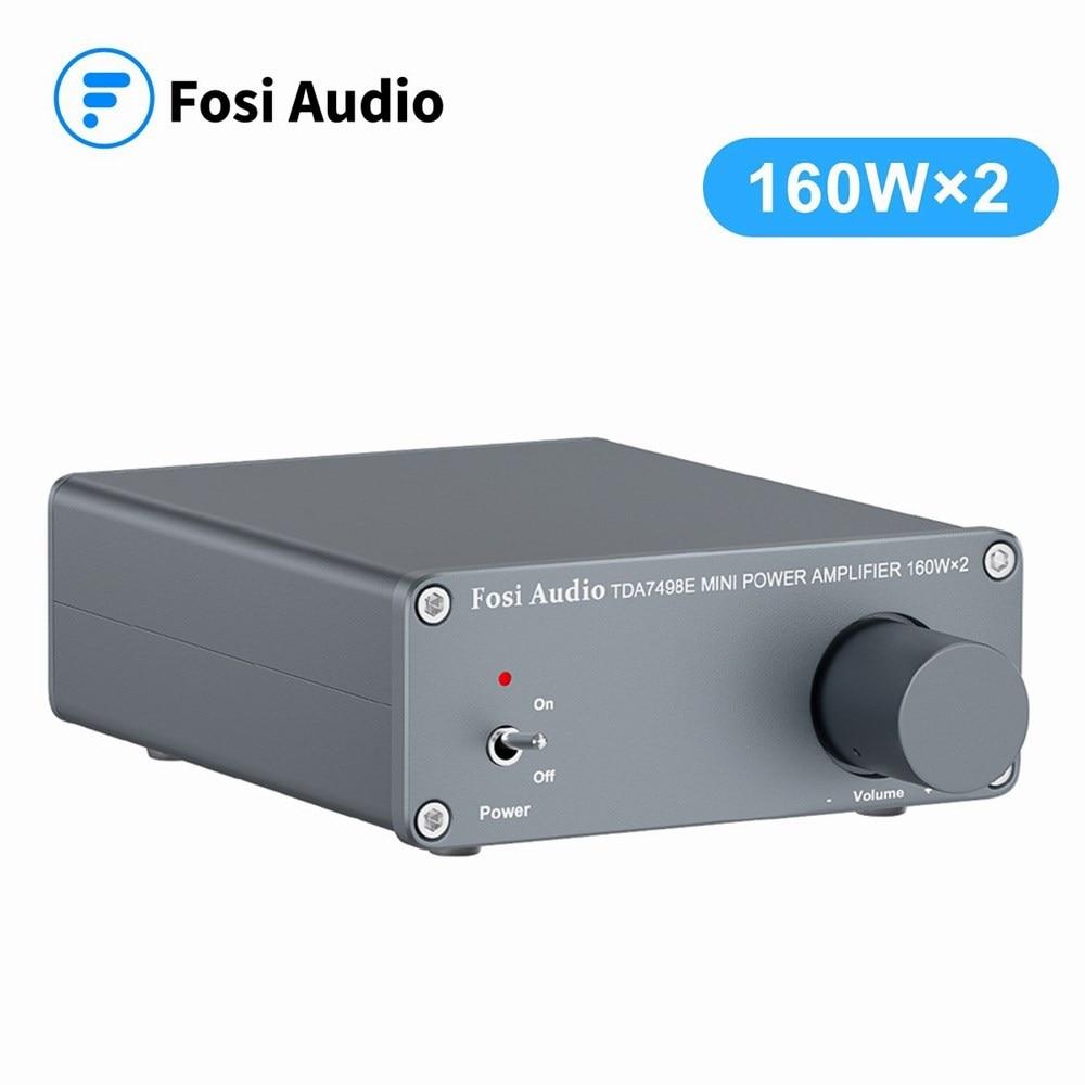 Fosi Audio 2 Channel Sound Power Amplifier in a sleek design, showcasing RCA inputs and compact size, perfect for home audio setups.