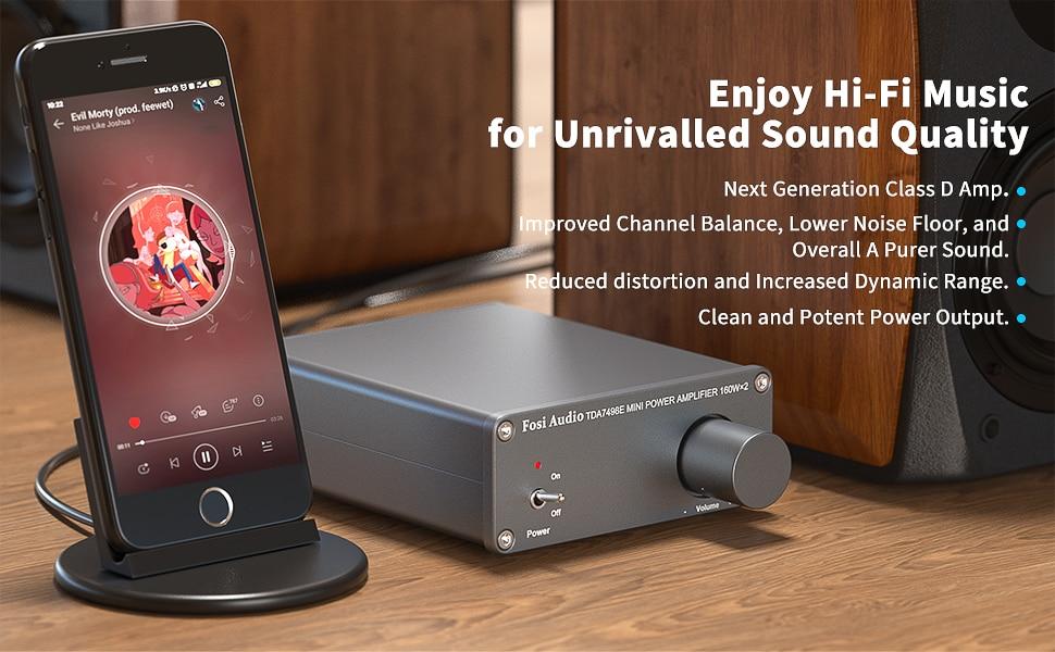 Fosi Audio 2 Channel Sound Power Amplifier in a sleek design, showcasing RCA inputs and compact size, perfect for home audio setups.