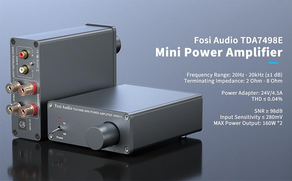 Fosi Audio 2 Channel Sound Power Amplifier in a sleek design, showcasing RCA inputs and compact size, perfect for home audio setups.