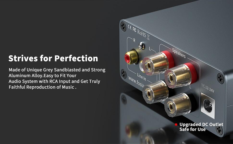 Fosi Audio 2 Channel Sound Power Amplifier in a sleek design, showcasing RCA inputs and compact size, perfect for home audio setups.