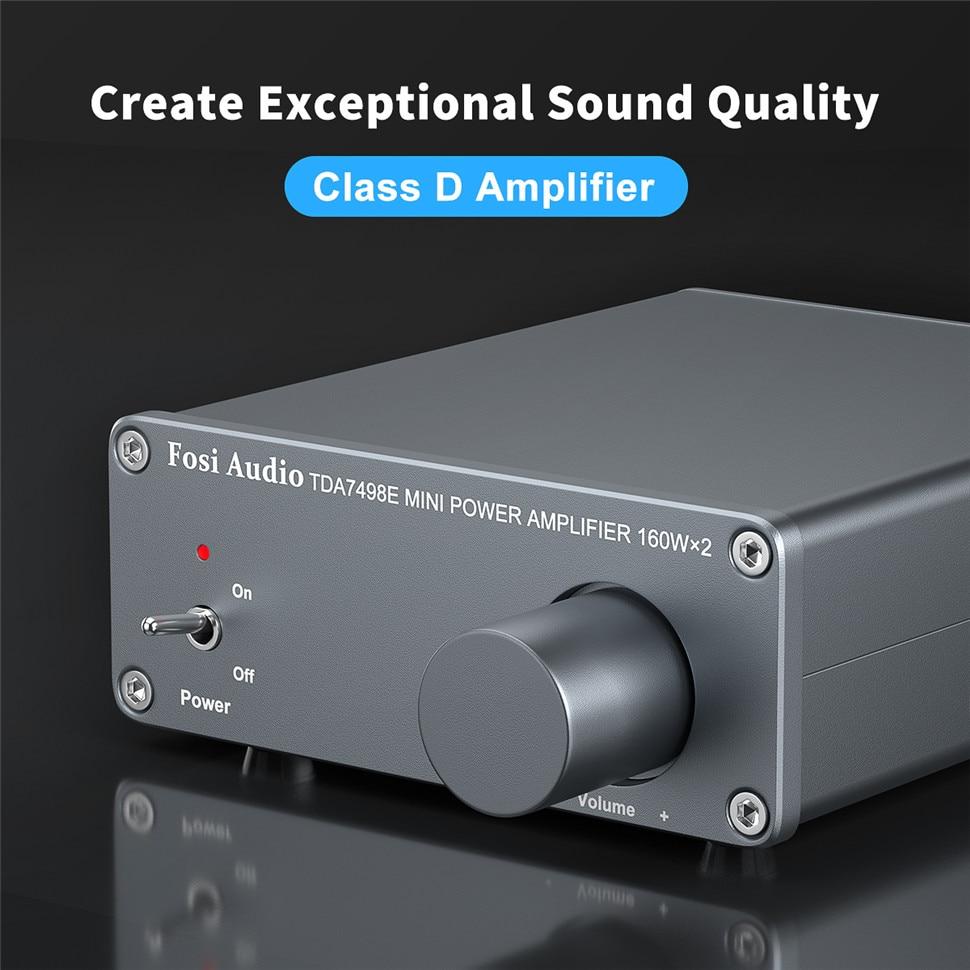 Fosi Audio 2 Channel Sound Power Amplifier in a sleek design, showcasing RCA inputs and compact size, perfect for home audio setups.