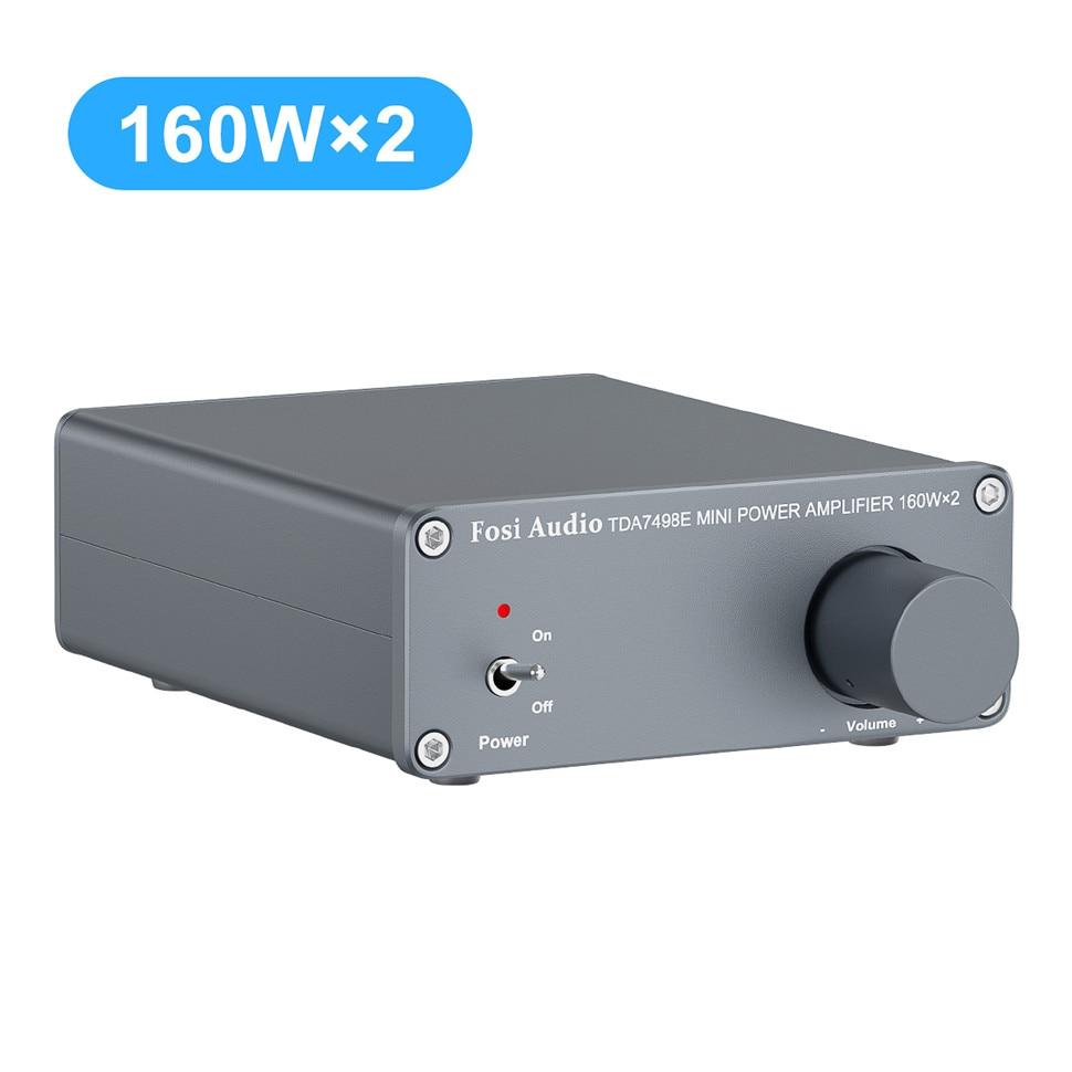 Fosi Audio 2 Channel Sound Power Amplifier in a sleek design, showcasing RCA inputs and compact size, perfect for home audio setups.