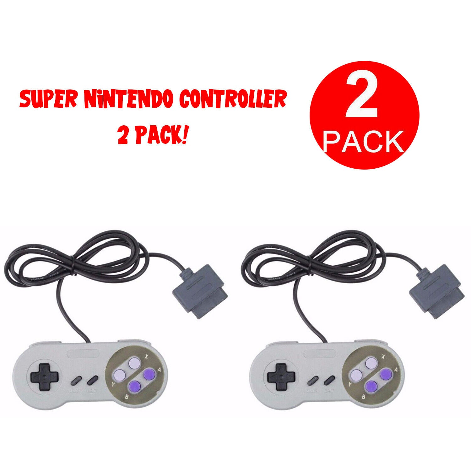Two replacement controllers for the Super Nintendo SNES system, showcasing their ergonomic design and classic button layout.
